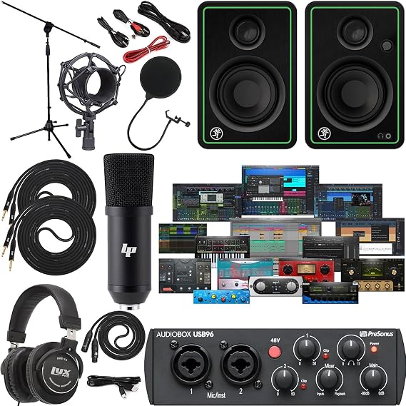 PreSonus AudioBox 96 Studio Bundle USB-C 2-in/2-out Audio/MIDI Interface with 24-bit/96 kHz Conversion + Studio One Artist Software + Mackie CR3-XBT Bluetooth Studio Monitors + Recording Accessories