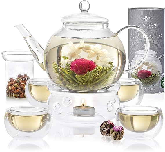 Teabloom Complete Glass Tea Set Teapot (40 oz), Loose Tea Infuser, 4 Insulated Teacups, Tea Warmer with Candlelight, and 12 Flowering Teas Elegant Blooming Tea Gift Set