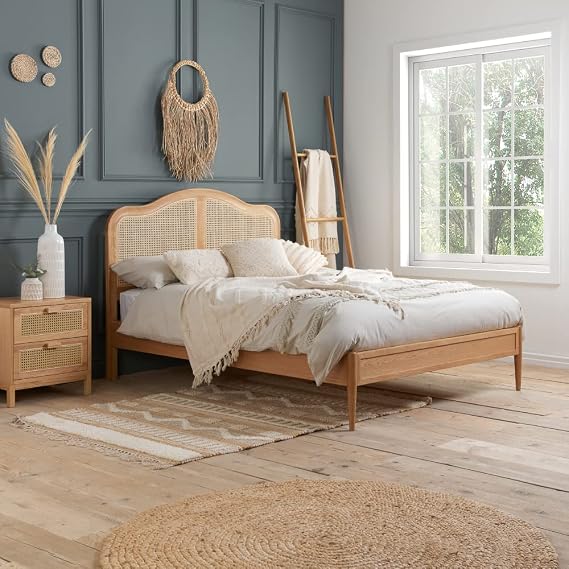 happybeds Leonie Oak Wooden Bed, 6ft Super King, Rattan Headboard