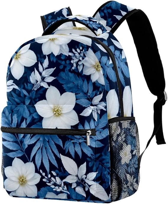 School Backpack for Girls & Boys with Laptop Compartment | Floral Flower Leaf Seamless Pattern, Blu (2) Print