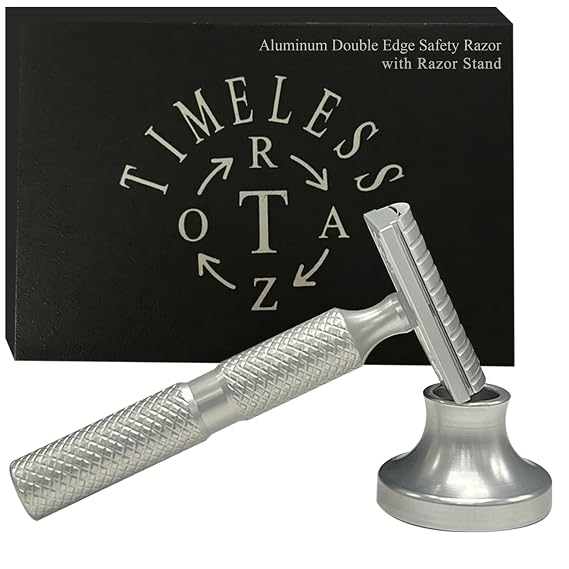 TIMELESS RAZOR: Aluminum Double Edge Safety Razor - Luxury Men's Safety Shaving - Travel Razor w/Stand & Custom Design Handle - Compatible w/Double Edge Blades - Made in USA
