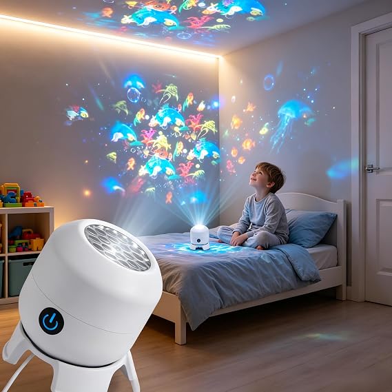 PGonline Dynamic Rotating LED Projector Light, USB Ocean Projector with 360 Rotating, Gifts for Kids Birthday, Night Light Projector for Bedroom, Party, Home [Energy Class A]