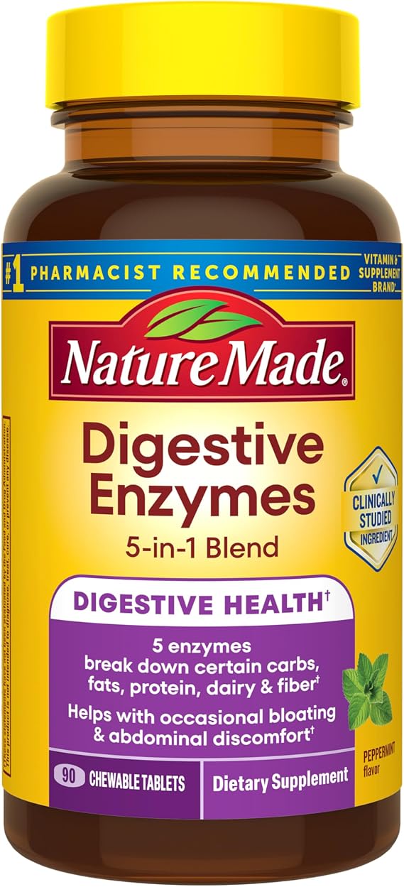 Nature Made Digestive Enzymes 5-in-1 Blend, 90 Chewable Tablets | Digestive Health Support, Helps with Occasional Bloating and Abdominal Discomfort, Peppermint Flavor, 30 Day Supply