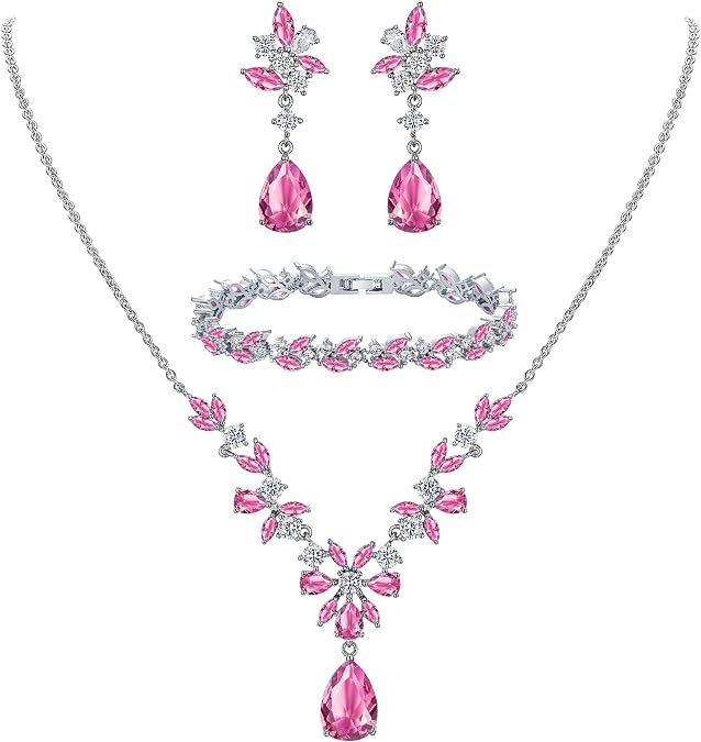 EleQueen Women's Wedding Bridal Jewelry Set for Brides Bridesmaids, Silver/14K Gold/Rose Gold Plated Cubic Zirconia Teardrop Necklace Dangle Earrings Bracelet Sets for Party Prom