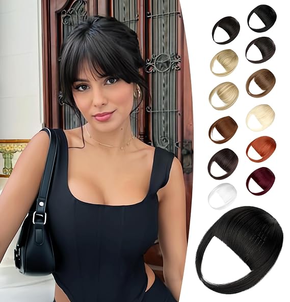 Clip in Bangs,Natural Fake Bangs Hair Clip,Natural Black French Bangs Fringe with Temples Hairpieces for Women Clip on Bangs Hair Extenisons Curved Bangs for Daily Wear