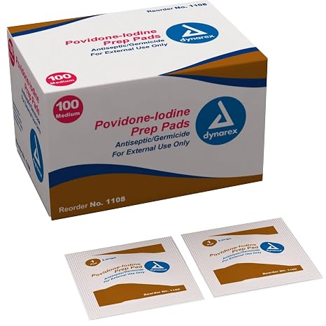 Dynarex Povidone-Iodine Prep Pads, Saturated with Povidone Iodine 10%, Medical-Grade Antiseptic Wipes used for Prepping prior Minor Procedures, Medium, 1 Case of 100 Prep Pads