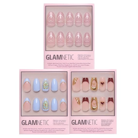 Glamnetic Press-On Nails Bundle - Divine Love | 2 Short Almond Fake Nails & 1 Medium Coffin Nail Set in 3D & Velvet Designs, Perfect Valentines Day Press-Ons | Durable, Salon-Quality Nail Kits