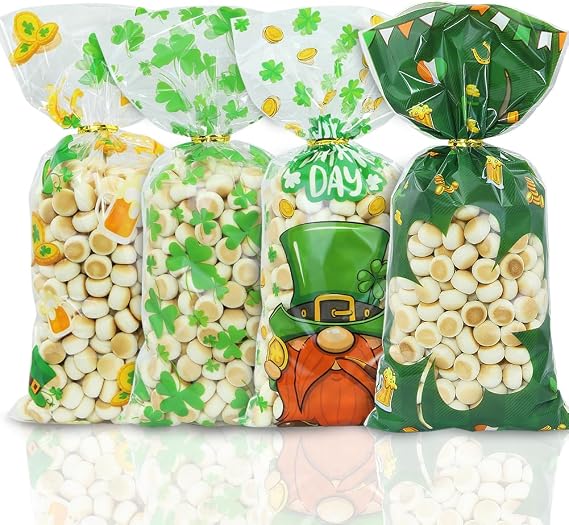 St. Patrick's Day Four-leaf clover Irish Lucky Shamrock Cellophane Plastic Candy Cookie Treat Goodies Gift Bags 100pcs in 4 Designs And Gold Twist Ties for Saint Patrick's Day Party Favor Supplies