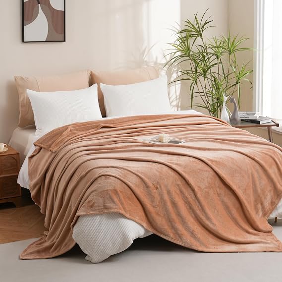Fleece Blanket, Silky Flannel Fuzzy for All Season, Lightweight Cozy Blanket for Queen Size Bed, 90" x 90", Camel