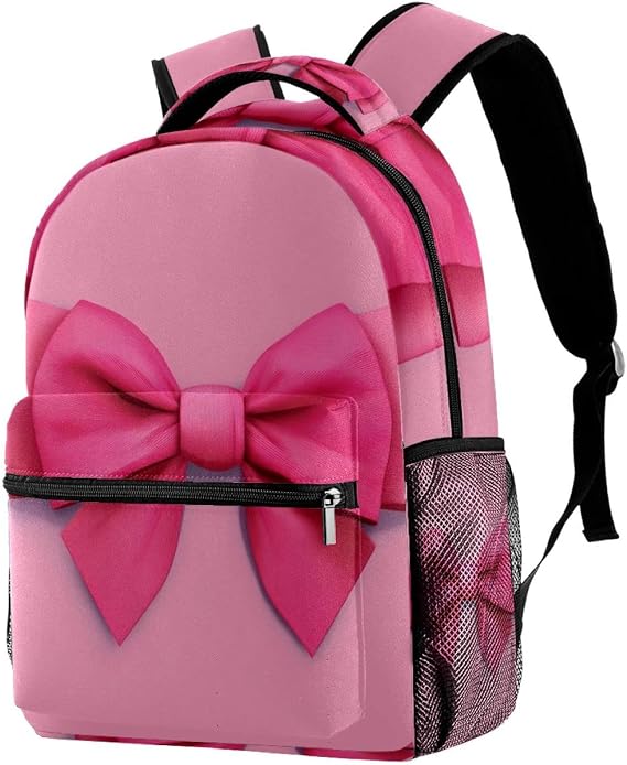 Pink bow (2) Backpack for Boys & Girls with Adjustable Shoulder Straps, Carry Handle & Dual Drink Bottle Sleeves