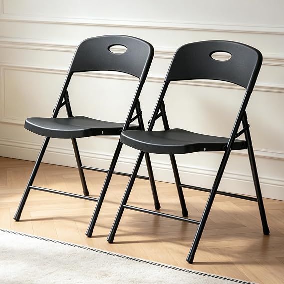 Folding Chairs 2 Pack,350 lbs Heavy Duty Metal Frame Plastic Foldable Chair,Ergonomic Portable Folding Chair, Indoor Outdoor Commercial Seating for Patio Party Wedding Camping,Black