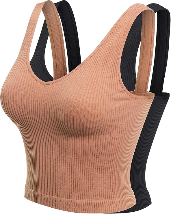 Design by Olivia Women's Four-Way Stretch V-Neck Ribbed Seamless Crop Top [2PACK]