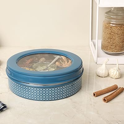 7 in 1 Stainless Steel Spice box for kitchen sturdy Masala dabba jar for Spices Seamless Design Dusky Blue