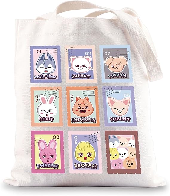 SKZ Merch, Kpop Merch Reusable Canvas Tote Bag with SK-Zoo for Stray Fandom Girls, Stray Kid Merch for K-Pop Music Lovers Fan Gift, Bangchan Lee Know Changbin Hyunjin Felix Seungmin I.N Straykid