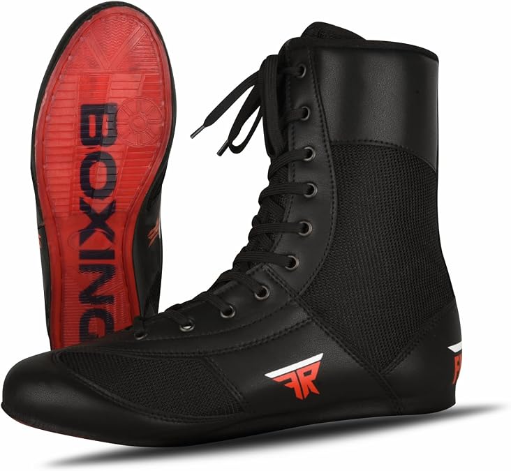 FISTRAGE Leather Kick Boxing Shoes Fighting Sports Master Training Mesh Unisex Pro Men's and Youth Genuine Boot Light Weight | Black Color Boxing Shoes for Adults