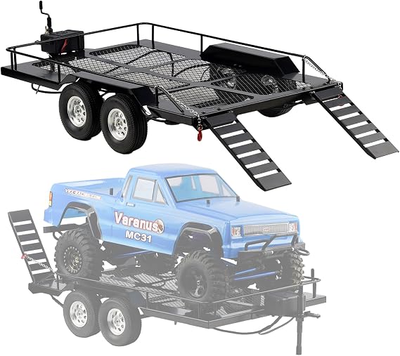 RC Trailer,1/10 Scale Trailer with Light Strip for Hauling Behind Car Suitable for Axial D90 D110 SCX10 I II III TRX4 TRX6 Redcat GEN8 SMT CFX CC01 CC02 Etc 1/10 RC Crawler Car