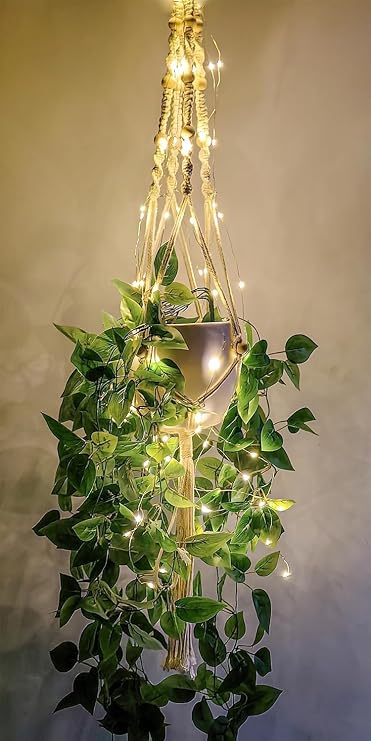 2 Pack Macrame Plant Hanger with Lights Indoor Hanging Planter Basket with Wood Beads Flower Pot Holder Handwoven Cotton Rope Tassels for Boho Home Window Decor 43.5 Inch, Ivory (POTS NOT Included)