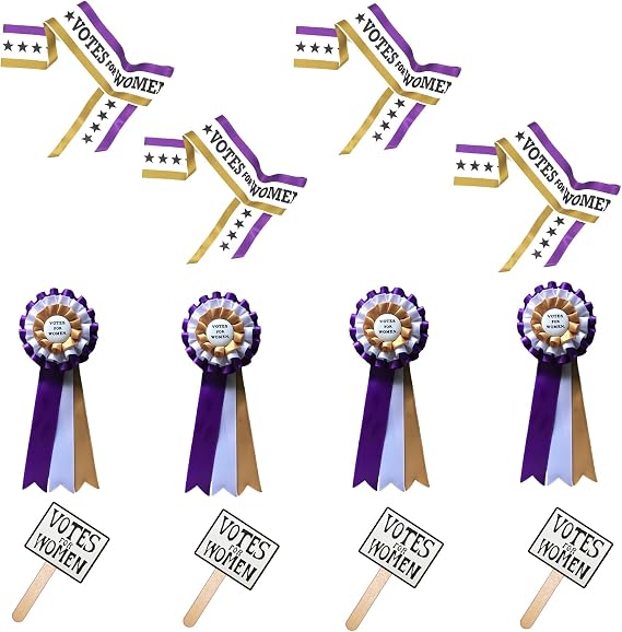 RosieCentral 4 Pack Suffragist Suffragette Sashes, Rosettes, Hand Signs Costume Kits. 1920 Votes for Women Accessories for Events. Suffrage for Women.