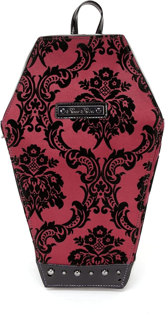 Red Damask Coffin Shaped Backpack By Rock Rebel 14" Tall
