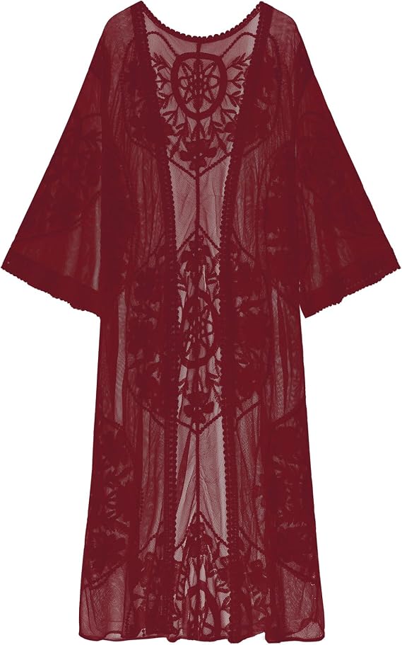 Romanstii Women's Lace Cardigan Floral Crochet Sheer Beach Cover Ups Long Kimono
