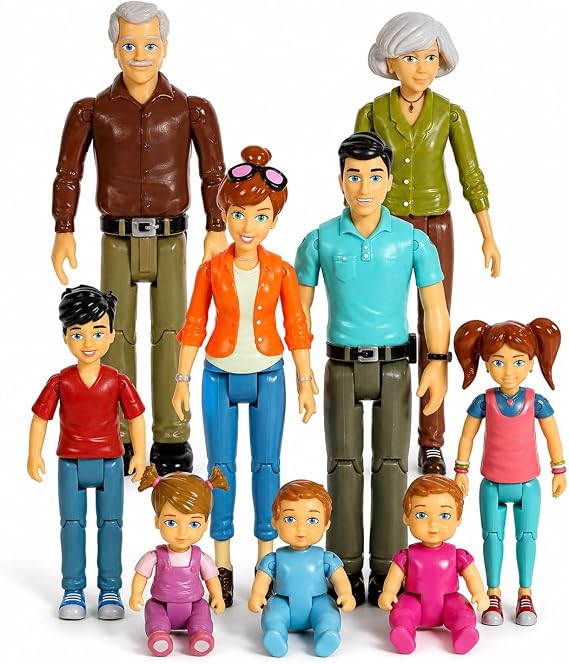 Beverly Hills Sweet Lil Family Bendable Mini Dollhouse Figures | Set of 9 Grandpa, Grandma, Mom, Dad, Sister, Brother, Toddler, Twin Boy & Girl Pretend Play (1:12 Scale)