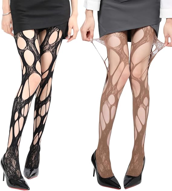2 Pair Women's Ripped Fishnet Tights Gothic Irregular Distressed Hole Mesh Tights Stockings Y2k Lace Pantyhose
