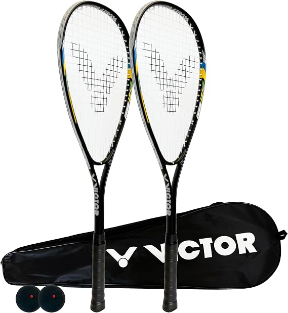 VICTOR Power Storm Twin Squash Racket Set, Protective Cover & Squash Balls