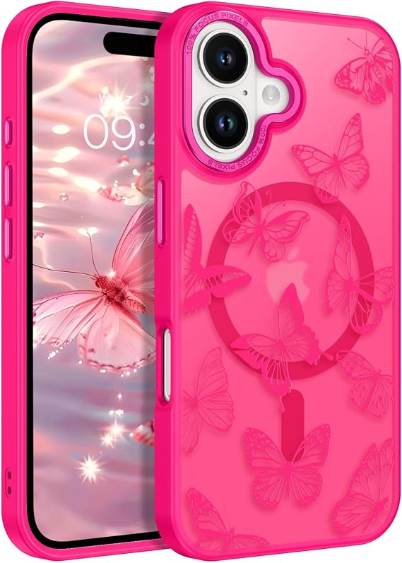 BENTOBEN Magnetic for iPhone 16 Plus Case 6.7" 2024, Slim Cute Raised Butterfly Pattern [Compatible with MagSafe], Translucent Matte Shockproof Phone Case Protective Cover for Women Girls, Hot Pink