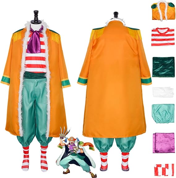 Anime Character Buggy Cosplay Costume Outfit One Piece Monkey D Luffy Portgas D Ace Uniform Yellow Cape Full Set Halloween Party Carnival Dress Up Suit for Men Boys