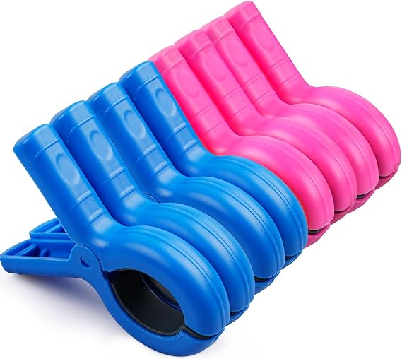 8 Pcs Beach Towel Clips for Sun Loungers, Large Strong Grip Sunbed Towel Pegs on Cruise, Windproof Heavy Duty Towel Holders for Pool Chair, Deck Chair, Garden & Laundry, Outdoor Essentials(Pink, Blue)