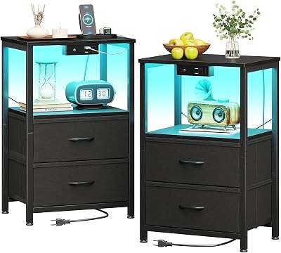 Casaottima Nightstand Set of 2 with Charger Station USB Ports & Outlet, Bed SideTable with LED Lights, End Table with Fabric Drawers and Open Shelf, Bedside Table Night Stand for Bedroom, Black