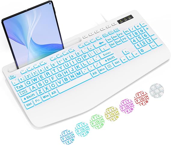 SABLUTE Wired Large Print Backlit Computer Keyboard with Wrist Rest (White) | K21Pro Lighted USB Keyboards with 7-Color Backlit, Phone Holder, Easy to Read and Type for Laptop, PC, Windows, Desktop