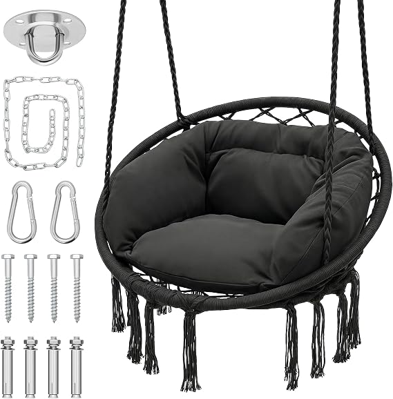 Monibloom Hanging Hammock Chair W/Large Padded Cushion, Macrame Swing Chair for Porch, Max 350 Lbs Capacity Hanging Swing for Adults & Teens, Comfy Hammock for Bedroom Relaxing Reading Napping, Black