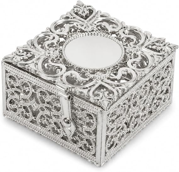LOGOFUN Rosary Storage Box Silver Metal Keepsake Case | Elegant metal storage box for rosaries, jewelry and religious keepsakes.