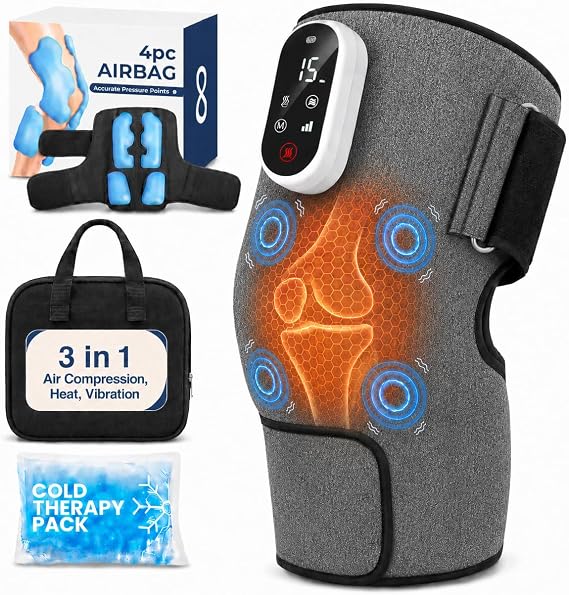 SereneLife 3-in-1 Air Compression Knee Massager with Heat and Vibration, Rechargeable Cordless Knee Wrap, 4 Airbags, 4 Vibration Modes, 2 Heat Settings, Smart LED Controller, Ice Pack, Carry Bag