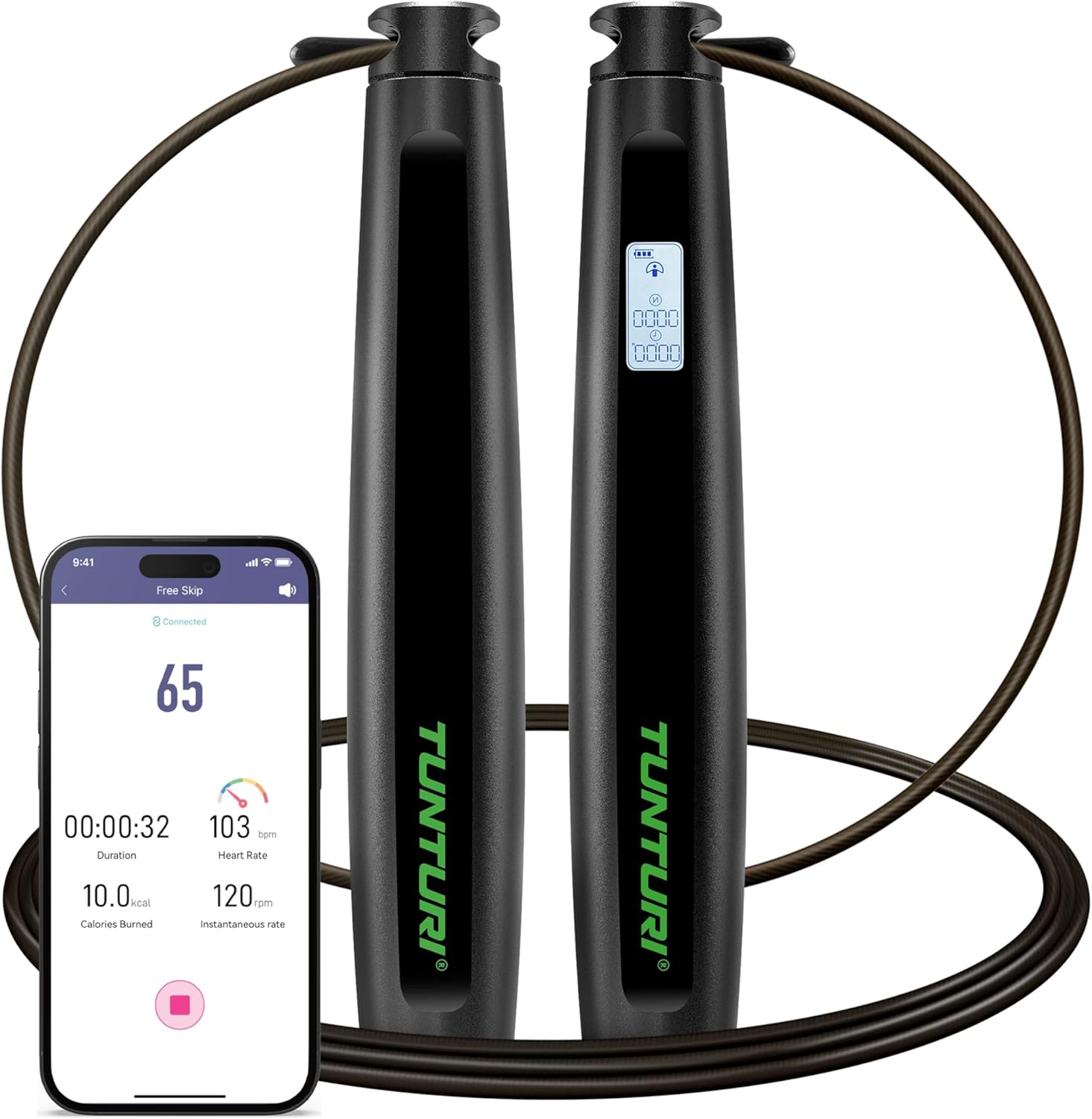 Tunturi Smart Skipping Rope - Skipping Rope - Jumping Fitness - Adjustable Length - Adjustable with Skin-friendly Foam Handles - Suitable for Children and Adults