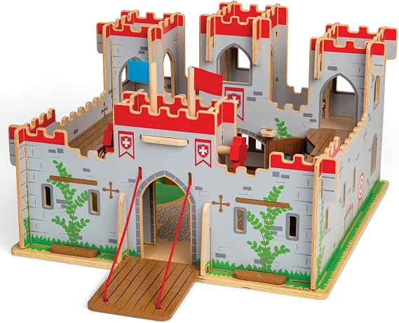 Bigjigs Toys King George's Castle Wooden Toy for Kids Age 3+ | Working Slot-Together Fort with Drawbridge, Balconies & Doors | Medieval Wood Toys for Fantasy Role Play | Educational Gift for Children
