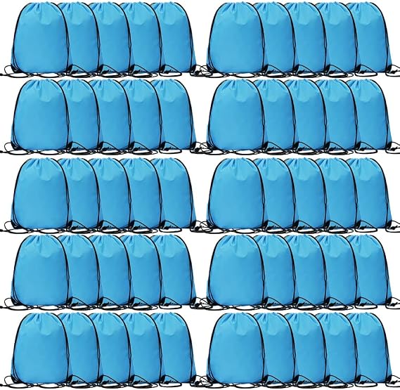 CODOBON 50 Pcs Drawstring Bags, Bulk Draw String Backpack, Cinch Polyester Bag for Gym Sport, Sky Blue