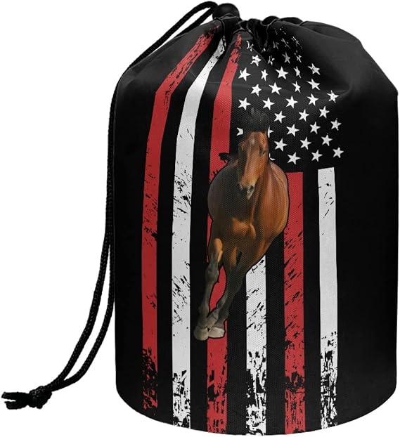 American Flag Backing 3D Horse Drawstring Cosmetic Bag Barrel Shaped Travel Makeup Bags, Large Capacity Soft Portable Drawstring Cosmetic Bag Hanging Travel Makeup Pouch