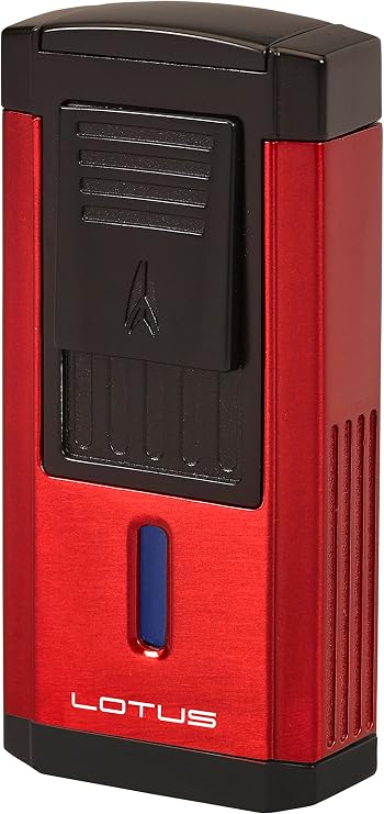 Lotus Duke Cigar Lighter with Triple Pinpoint Wind-Resistant Torch Flames, Single Action Ignition, Integrated Cutter, Tinted Fuel Level Window (Red & Black Matte)