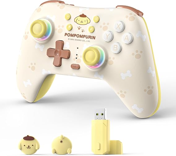 Kuitmor Wireless PC Controller - Hall Effect Joystick, 2.4G & Bluetooth & Wired, 1000Hz, Adjustable Turbo/Vibration/RGB, Compatible with PC/Switch/iOS/Android/Linux (Pompompurin – with Receiver)