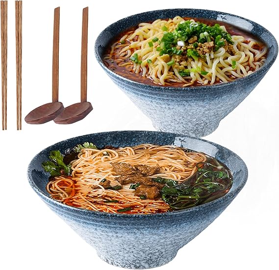 9 Inch Ceramic Japanese Ramen Noodle Soup Bowl, 2 Sets (6 Piece) 1600ml Multi Purpose Bowl with Matching Spoon and Chopsticks, for Instant Noodles, Soup, Noodle, Pho, Udon and Soba (Blue)