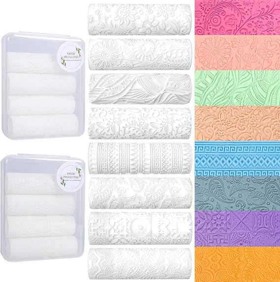 8 Pcs Non-Stick Polymer Clay Texture Rollers (Complex Texture) | Boho, Floral, Mandala & Paisley Patterns, 2 Storage Boxes, Crisp Imprints, Seamless Texture, Premium Resin