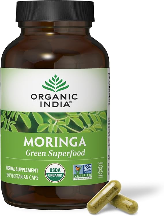 ORGANIC INDIA Moringa Capsules Organic, Moringa Supplement, 180 Capsules | Green Superfood, Leaf, Pure Supergreen, Vegan Greens, Nature's Multivitamin, Vegan, Gluten-Free