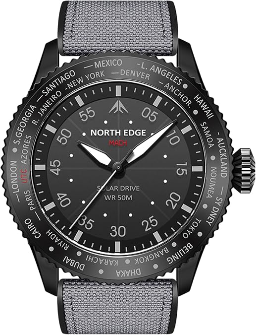 NORTH EDGE Men's Solar Pilot Watch - Quartz Movement, Mineral Glass, Lightweight & Durable Leather Strap, Model: MACH