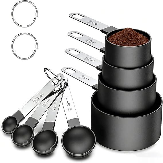 Measuring Cups and Spoons Set of 8 Pieces, Nesting Measuring Cups for Measuring Dry or Liquid Ingredients, Small Teaspoon with Plastic Head for Cooking Kitchen (Black)