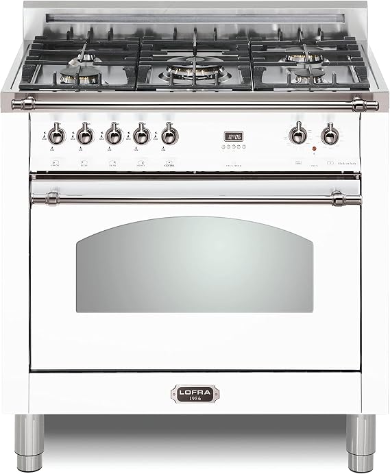 Lofra DolceVita Series 36 Inch Freestanding Dual Fuel Range Oven Stove, Cooktop 5 Sealed Brass Burners, Convection, 9 Cooking Modes, Knobs and Handrail Chrome, in White