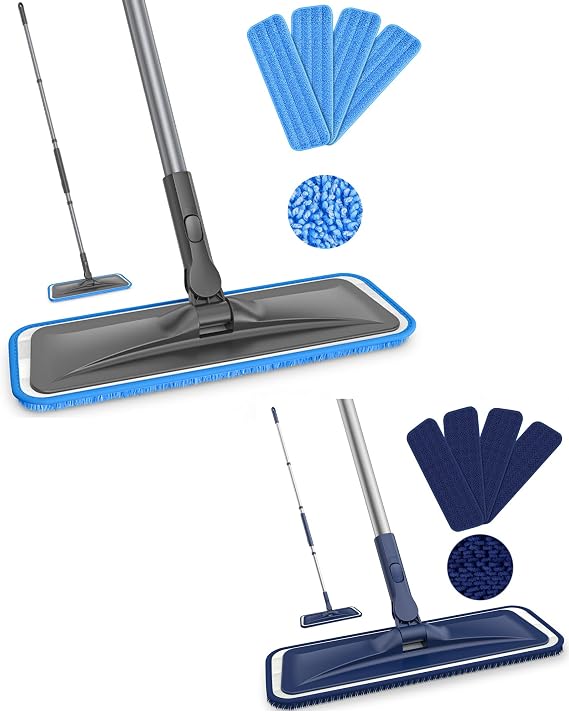 Grey Flat Floor Mop with 4 Washable Microfiber Pads for Mopping+ Blue Flat Floor Mop with 4 Reusable Chenille Pads for Dusting
