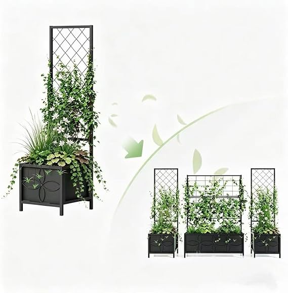 Zhongma 15.75 x 15.75 x 55 in Raised Garden Bed with Trellis,Heavy Duty Plant Box for Climbing Plants with Drainage Hole, Metal Lattice Planter Gardon Box with Inner Fabric Liners.