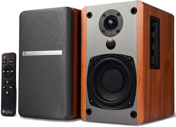 SINGING WOOD BT25 Powered Bluetooth Bookshelf Speakers, RCA Inputs & Bass/Treble Control for Home Theater and Gaming, 60 Watts - Beach Wood